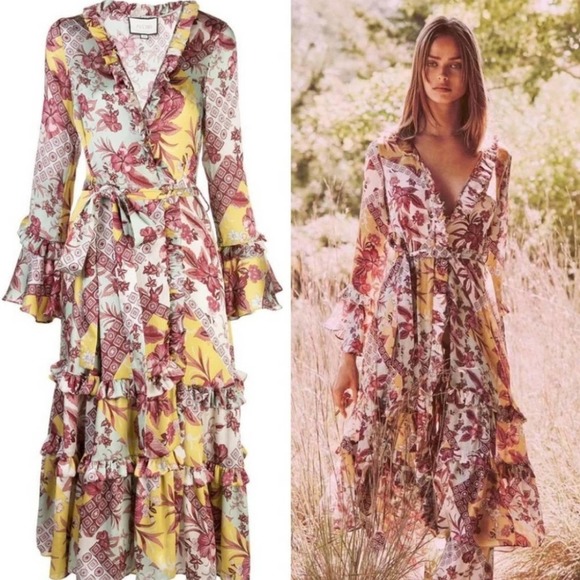 Alexis Floral Wiera Printed Ruffle Midi Dress in Berry Pink Paisley Size Large - Picture 3 of 12